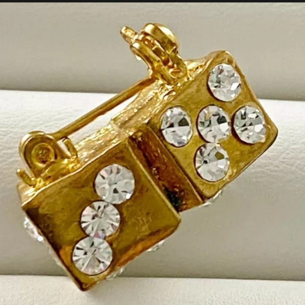 Gold tone dice rhinestone brooch